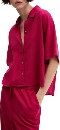 Mango Short Sleeve Linen Blend Button-Up Shirt in Fuchsia at Nordstrom, Size 10