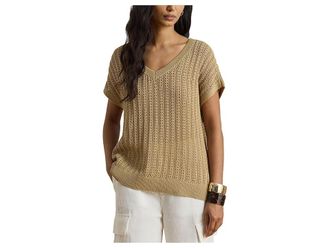 Lauren Ralph Lauren Petite Cotton-Blend Mesh Short Sleeve Sweater Womens Clothing Birch Tan : PXS