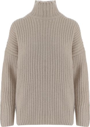 Allude Beige Patterned Knit Turtleneck Cashmere-Silk Sweater