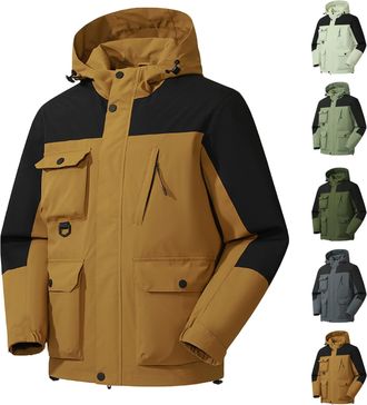 Generic Mens Waterproof Jackets with Hood Windproof Color Blocking Windbreaker Hooded Zipper Hardshell Jacket Long Sleeved Casual Sportswear Autumn Outdoor Hi