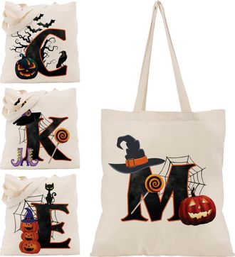 Generic Halloween Initial Tote Bags Gifts for Girl Boy - 15x16 Personalised Trick or Treat Bag Pumpkin Party Canvas Shoulder Bag C1 (Initial M)