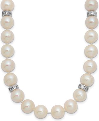 Diamond2Deal Sterling Silver 9mm Near-Round Cultured Pearl and Cubic Zirconia Necklace 18