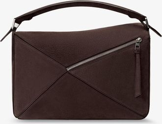 Loewe Mens Shoulder Bag Puzzle Large Brown Nubuck Leather Handbags Hand