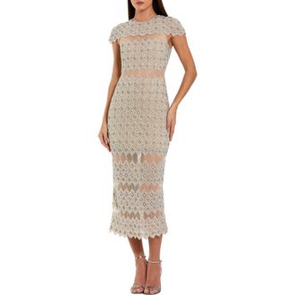 Mac Duggal Womens Beaded Mesh Sheath Midi Dress with Sheer Panels in Ivory Nude at Nordstrom, Size 10