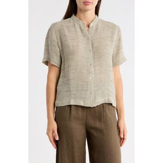 Eileen Fisher Short Sleeve Organic Linen Blend Button-Up Shirt in Natural/White at Nordstrom Rack, Size X-Large