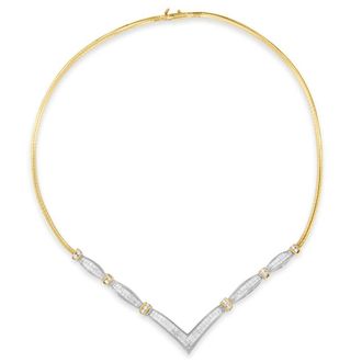 House of Brilliance 14K Yellow and White Gold 3.00 Cttw Round and Princess Cut Diamond V Shape Statement Necklace