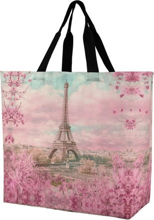 Generic E-iffel Tower in Paris Spring Large Reusable Shopping Bag Lightweight Foldable Tote Bags Washable Shoulder Handbag