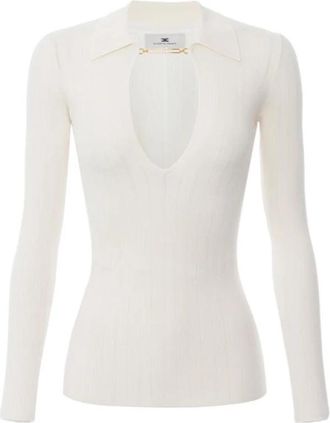 Elisabetta Franchi Top van geribde tricotstof met ajourdetails - Dames - V-hals truien - Wit - L - Truien & Vesten