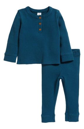Nordstrom Henley Waffle Knit Cotton Henley & Pants Set in Teal Seagate at Nordstrom, Size 3M