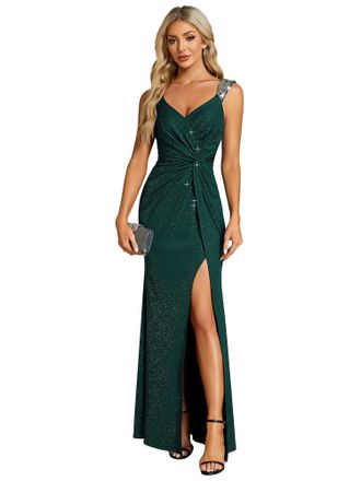 Ever-pretty Maxi Formal Evening Dress Elegant Sequin V Neck and High Slit Prom Dress Dark Green 18UK