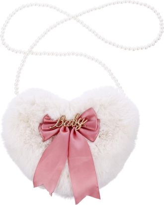 Frcolor Stylish Heart Shape Plush Bag with Bowknot Casual Single Shoulder Bag for Women Adorable Fluffy Tote for Beach Party Shopping Travel Versatile Fashion