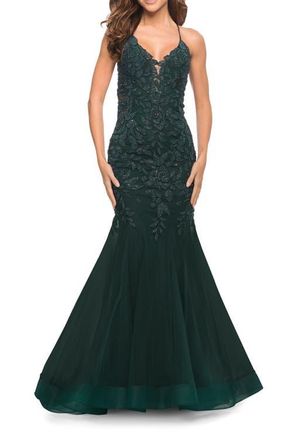 La Femme Mermaid Tulle and Lace Jeweled Prom Dress in Dark Emerald at Nordstrom, Size 12