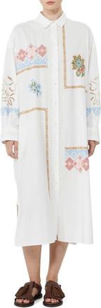 Max Mara Embroidered Detail Long Sleeve Cotton Shirtdress in White at Nordstrom, Size 12