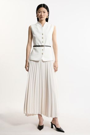 Karen Millen Petite Compact Stretch Fluid Tailored Belted Pleated Full Skirt Midaxi Dress