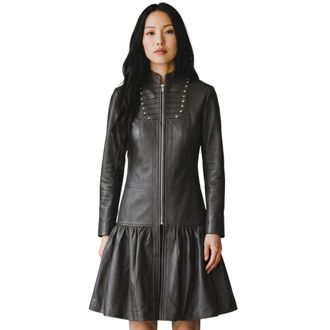 Infinity Leather Dames ribet goth zwart leren Victoriaanse studde uitlopende jas - Larvik