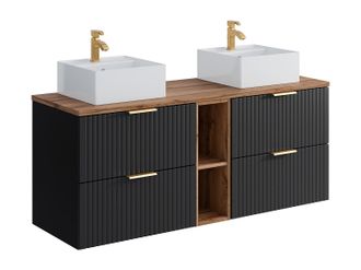 Vente-Unique Mueble de ba&ntilde;o suspendido con estantes y lavabo cuadrado sobre encimera - Negro y natural claro - L140 cm - ZEVARA