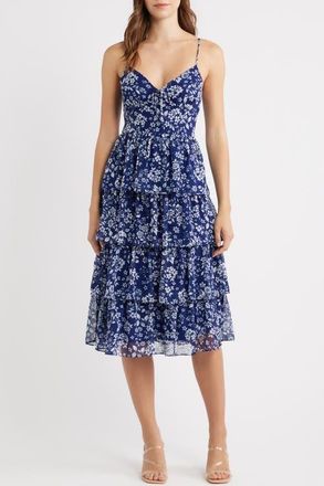 Emerald Sundae Floral Tiered Midi Dress in Navy at Nordstrom, Size Small