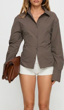 Princess Polly Xinia Check Button-Up Back Tie Blouse in Brown Check at Nordstrom, Size 2