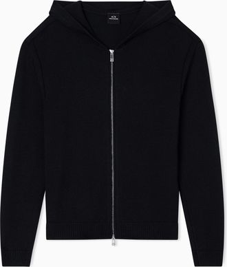 A|X Armani Exchange Mens Cozy, Long Sleeve Back Logo Patch Hood Cardigan Sweater, Black, L