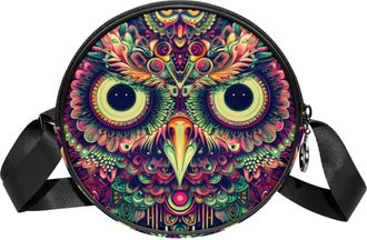 Generic Circle Crossbody Bag for Women, Owl Art Small Sling Bag Daypack with Zipper Adjustable Shoulder Straps Casual Ladies Girls Round Purse