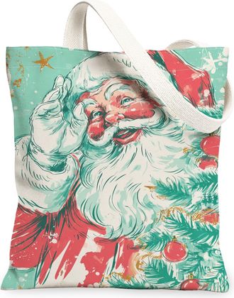 Generic Christmas Santa Canvas Tote Bags, Holiday Design Reusable Grocery Bags, Vintage Lightweight Washable Shoulder Strap Canvas, Multicolor, 13x15 Inch