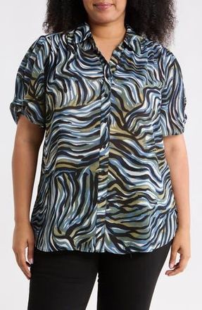 Adrianna Papell Scrunched Short Sleeve Button-Up Shirt in Blue Wavy Squiggle at Nordstrom Rack, Size 3X