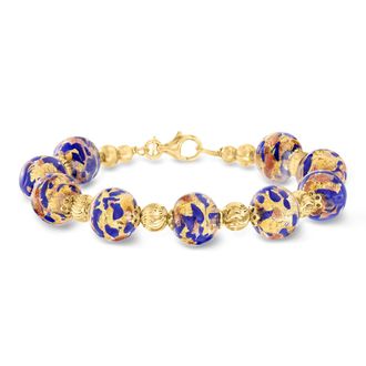 Ross-Simons Italian Blue Murano Glass Bead Bracelet in 18kt Gold Over Sterling