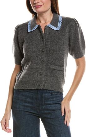 English Factory Lace Trimmed Puff Sleeve Knit Cardigan