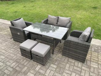 Fimous Dark Grey PE Rattan Garden Furniture Set Love Sofa Reclining Chair Outdoor Rectangular Dining Table 6 Seater