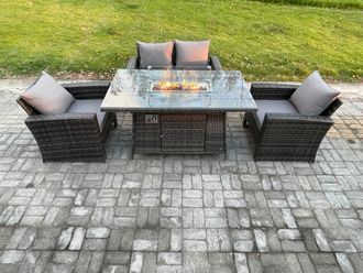 Fimous 4 Seater Outdoor Rattan Sofa Set Garden Furniture Gas Firepit Dining Table Heater Dark Grey Mixed
