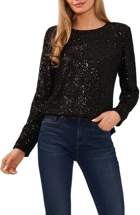 CeCe by Cynthia Steffe Sequin Long Sleeve Top in Rich Black at Nordstrom, Size Small