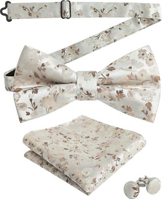 Alizeal Mens Floral Pattern Pre-tied Bow Tie, Pocket Square and Cufflinks Set, Khaki+Brown