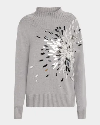 Oscar De La Renta Shattered Glass Embroidered Mockneck Sweater