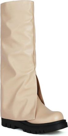 Generic Womens Knee-High Equestrian Boots with Flat Heel, Round Toe & Faux Leather, Edgy Fashion Style,Apricot,7.5 UK