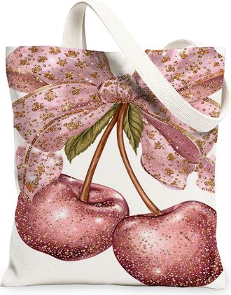 Generic Peach Cherries Canvas Tote Bags, Glitter Bow Design Reusable Grocery Bags, Spring Floral Lightweight Washable Shoulder Stra, Peach, 13x15 Inch