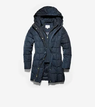 Cole Haan Womens 32 Signature Hooded Taffeta Down Coat - Blue Size Medium