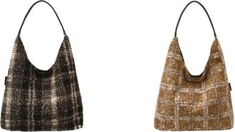 Generic Womens Vintage Checked Velvet Handbag Large Capacity Shoulder Bag for Daily Travel School