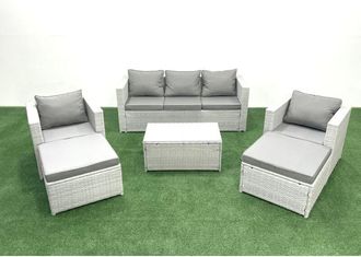 Fimous 7 Seater Rattan Garden Furniture Set with 3 Seater Sofa 2 Chair Rectangular Coffee Table 2 Big Footstools Light Grey Mixed - Fimous