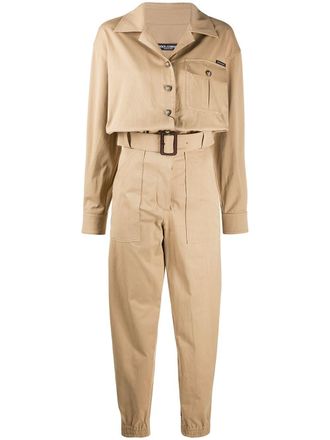Dolce & Gabbana logo patch belted boiler suit - women - Cotton/Goat Skin/Polyester/Spandex/Elastane/Zamak - 40 - Neutrals