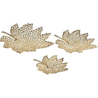 Beliani Set di 3 vassoi decorativi in alluminio a forma di foglia dacero Oro Pemali