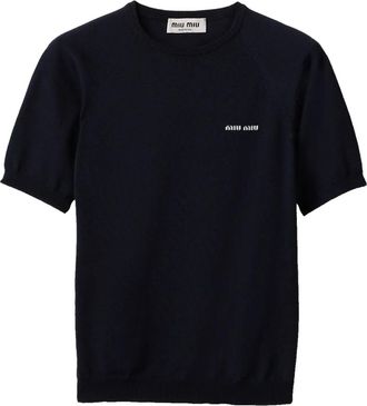 Miu Miu T-shirt con logo a intarsi - Blu