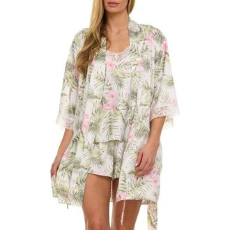 Flora Nikrooz Sabrina Floral Print Satin Short Pajamas & Robe Set in Cream at Nordstrom Rack, Size X-Small