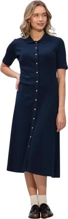 Tommy Hilfiger Kleedjes, Dames, Blauw, L, Katoen, Gold-Button Polo Midi Jurk