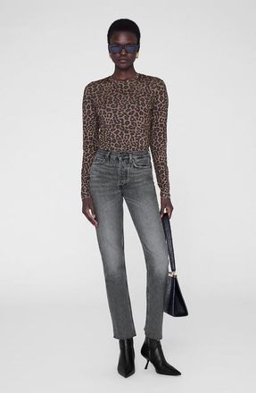 Anine Bing Sylvie Long Sleeve Tee in Black /Brown Leopard at Nordstrom, Size X-Small