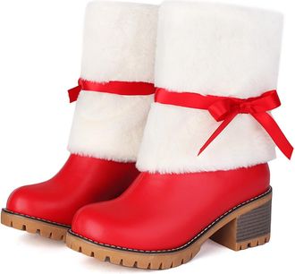 Generic Womens Christmas Boots Chunky Heel Color Block Mid Calf Boots Large Size Plush Bow Detail Winter Holiday Footwear(Red, 6.5)