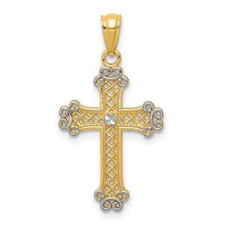 Diamond2Deal 14k Yellow Gold Rhodium Diamond-cut Filigree Cross Pendant
