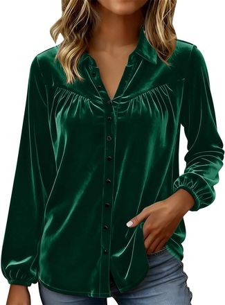 Generic Velvet Tops for Women UK Long Sleeve Button Down Shirts and Blouses Elegant Smart Ladies Velvet Shirt Spring Clothes (S,Green)
