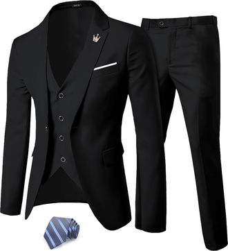 Mys Mens 3 Piece Solid Suit Set, One Button Slim Fit Jacket Vest Pants with Tie, Black, XL