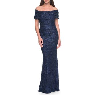 La Femme Off the Shoulder Ruched Beaded Lace Evening Gown in Navy at Nordstrom, Size 14