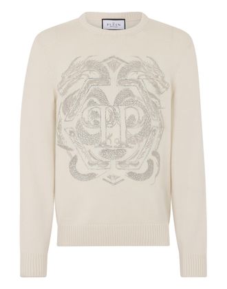 Philipp Plein Embroidered Merino Wool Round Neck Pullover Hexagon Dragon